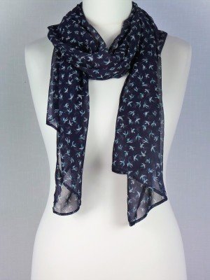 Churchill Navy Blue Chiffon Scarf with Flying Birds Print