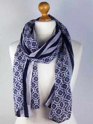 Sky Blue Cotton Scarf with wide Stripes and flower design